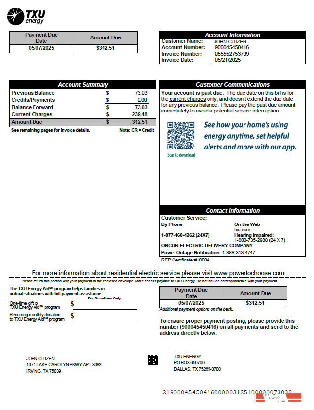 USA TXU Energy utility bill template in Word and PDF formats, version 7